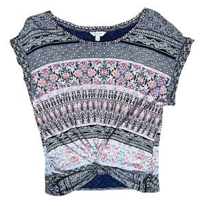 Lucky Brand Blue Pink Patterned Knotted  Top‎ Womens Small Boho Global Inspired